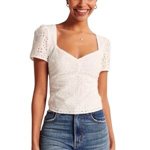 Abercrombie & Fitch White Eyelet Sweetheart Neck Puff Sleeve Top